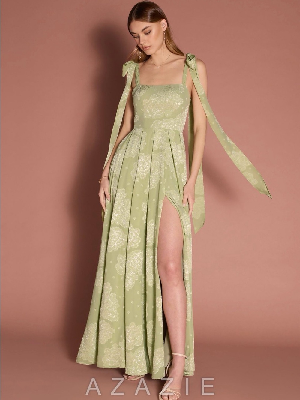 Azazie Sage Green Floral Maxi Dress with Bow Straps